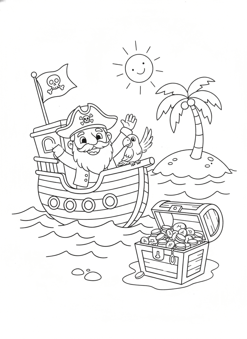 Fun Pirate Ship Coloring Page — free printable black-and-white coloring page