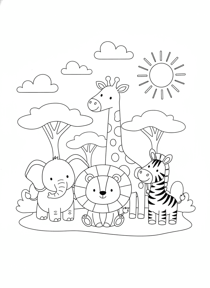 Fun Safari Animals Coloring Page — free printable coloring page