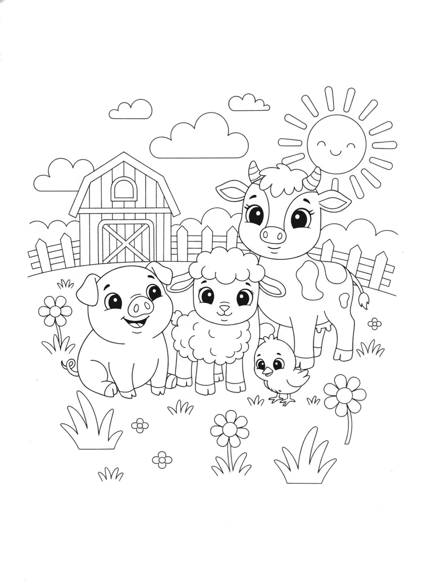 Cute Baby Farm Animals Coloring Page — free printable coloring page