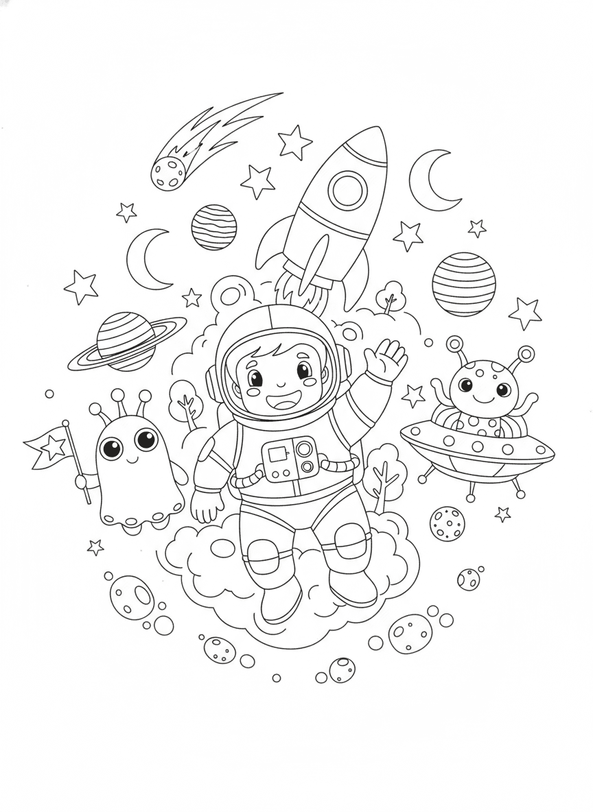 Super Cute Space Adventure Coloring Page — free printable coloring page