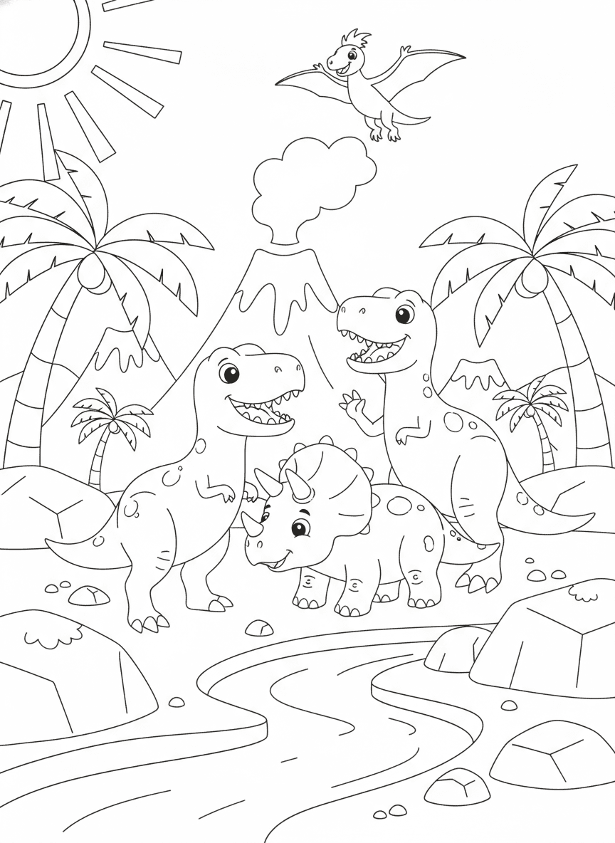 Friendly Dinosaurs Coloring Page — free printable coloring page