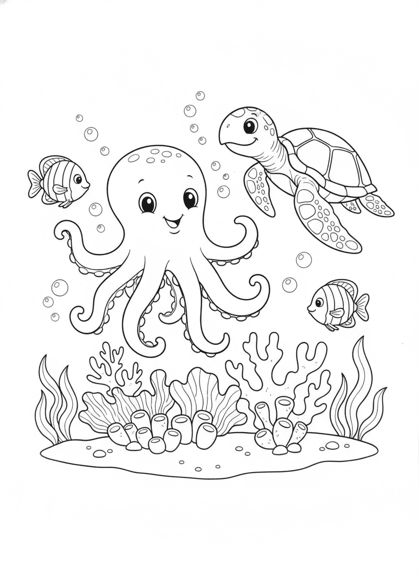 Friendly Octopus Coloring Page — free printable black-and-white coloring page