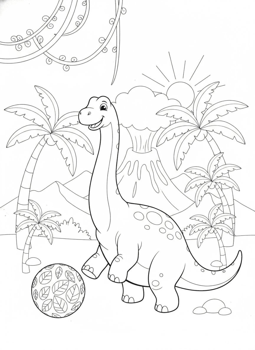 Friendly Dinosaur Jungle Coloring Page — free printable coloring page