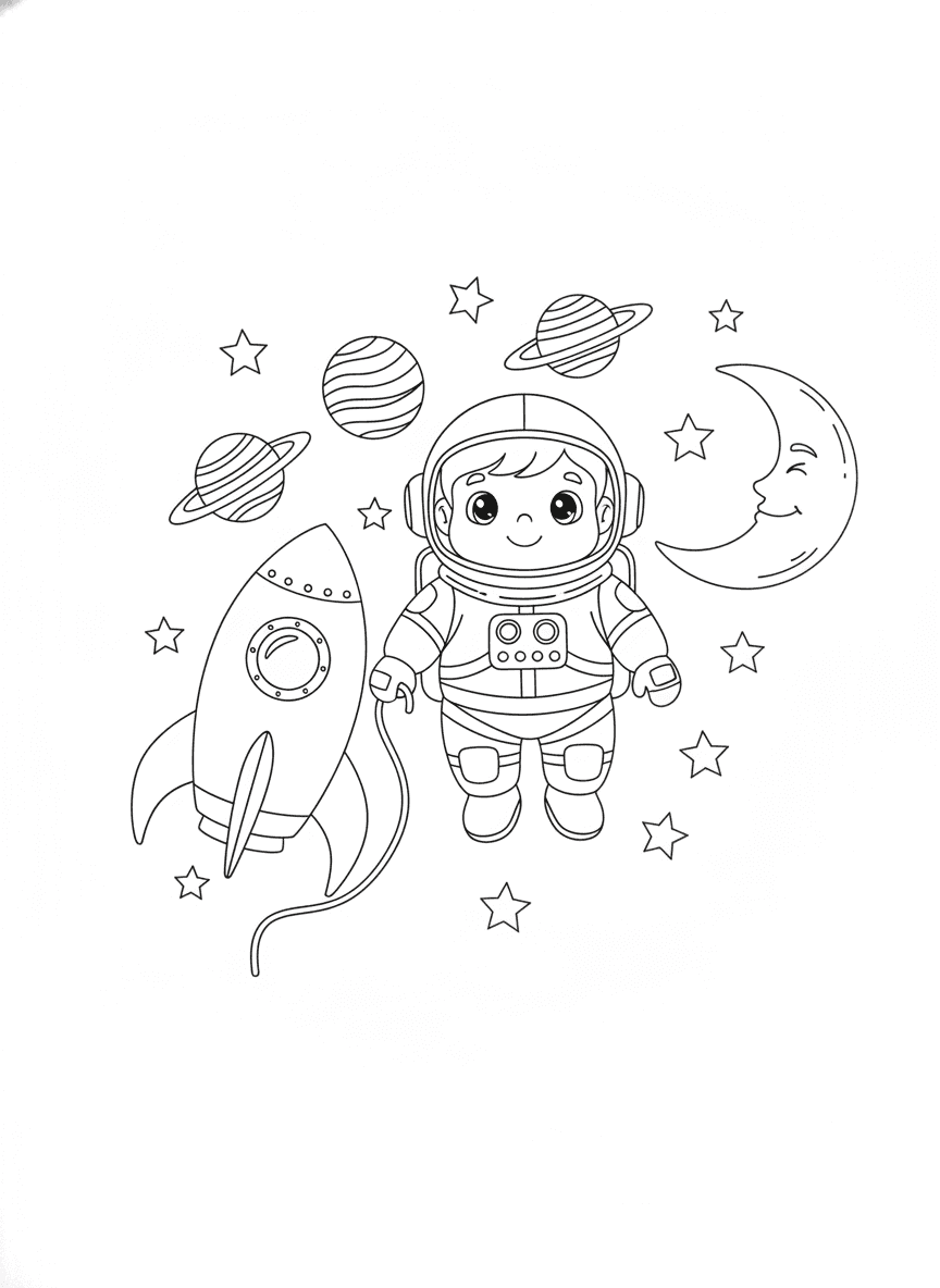 Cute Astronaut Coloring Page — free printable black-and-white coloring page