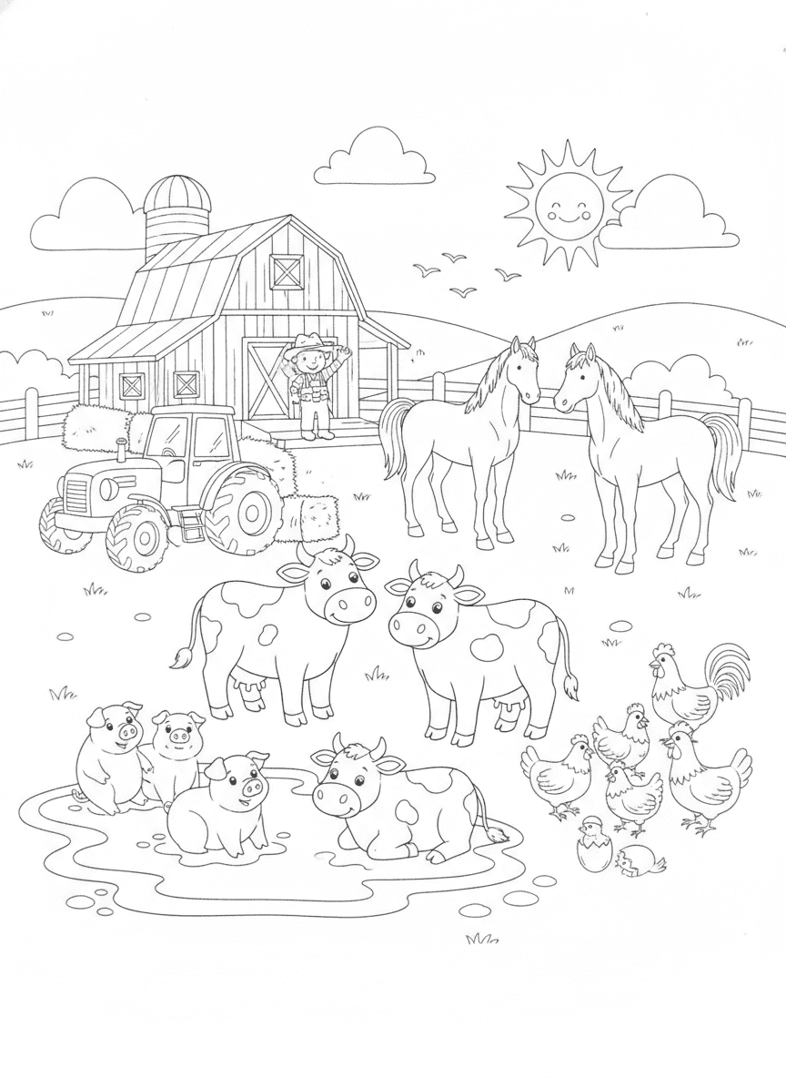 Charming Farm Animals Coloring Page — free printable coloring page