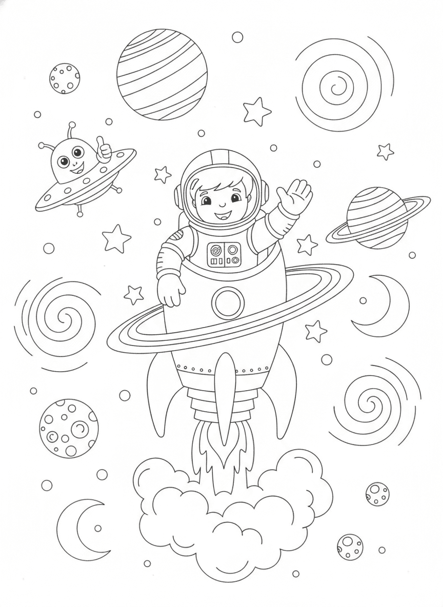 Galactic Adventure Coloring Page — free printable coloring page
