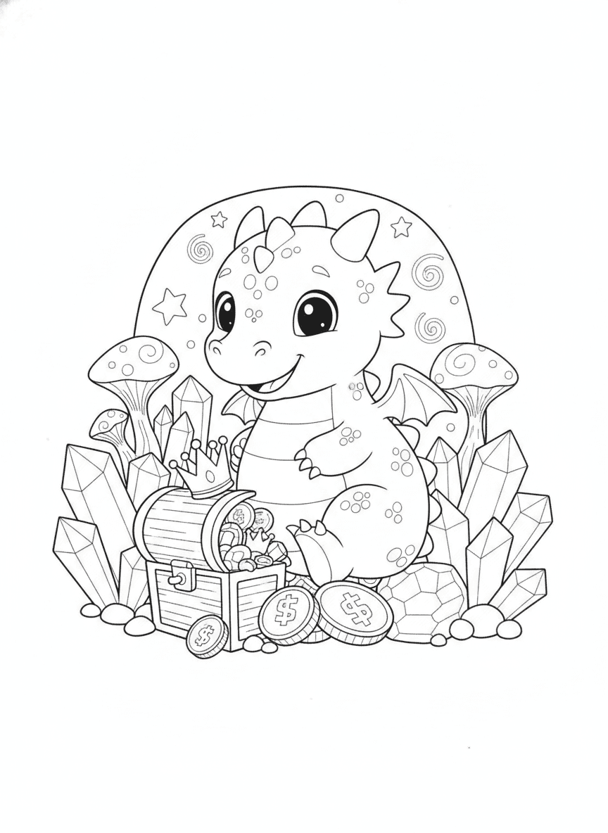 Baby Dragon Magical Cave Coloring Page — free printable coloring page