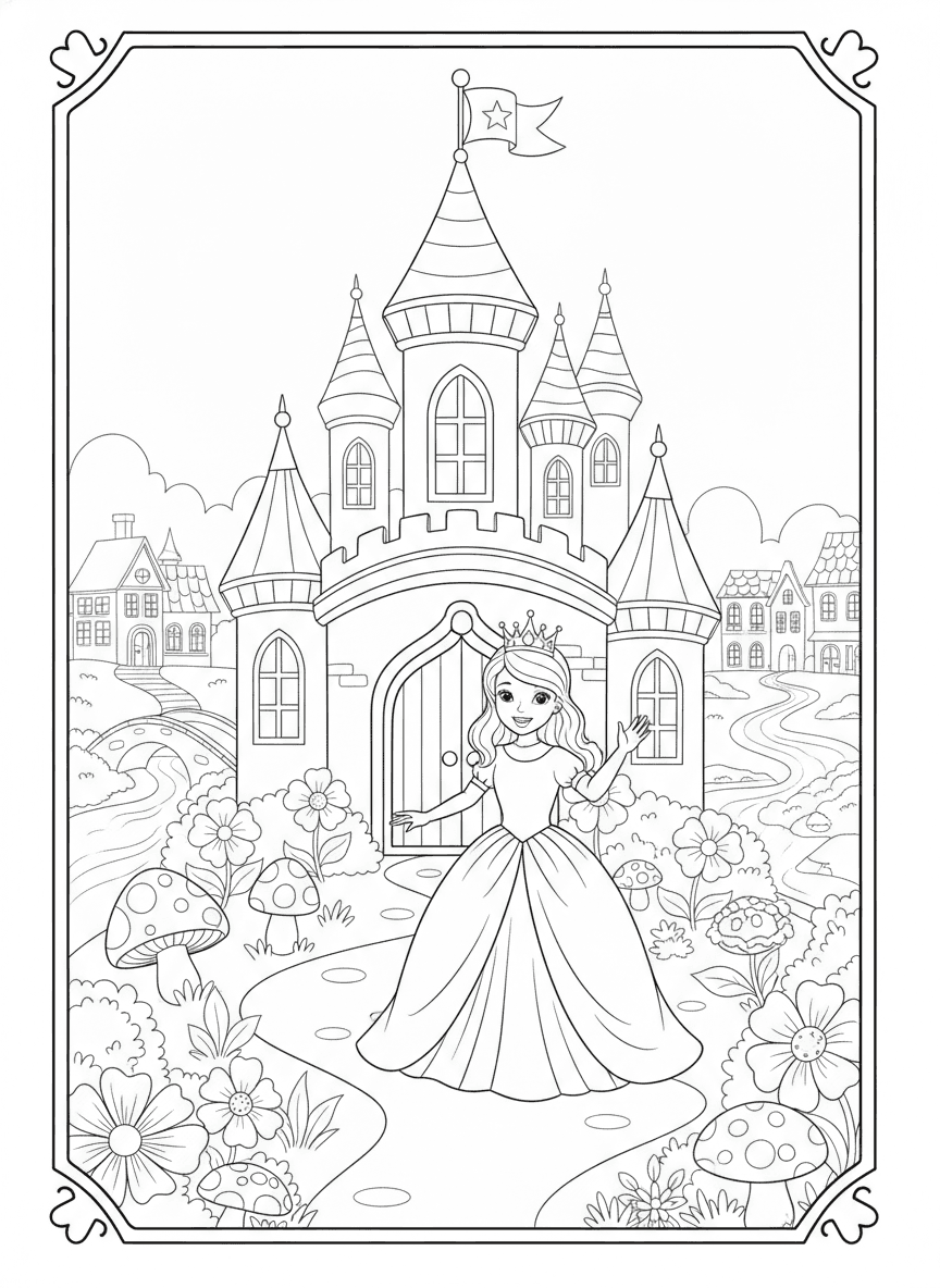 Princess at Fairy Tale Castle Coloring Page — free printable coloring page