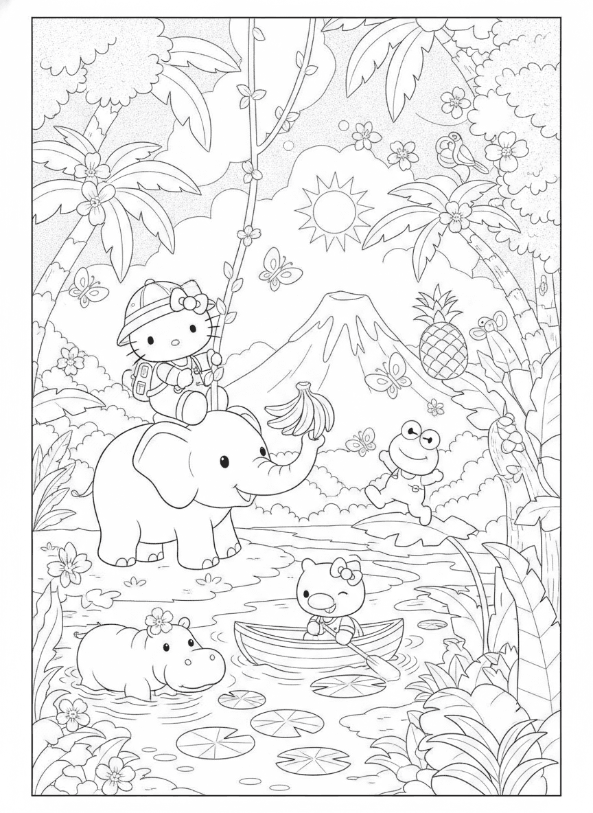 Hello Kitty Jungle Coloring Page — free printable coloring page