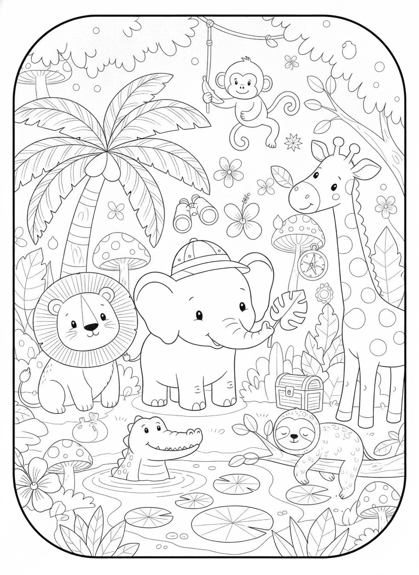 Cute Jungle Animal Safari Coloring Page — free printable coloring page