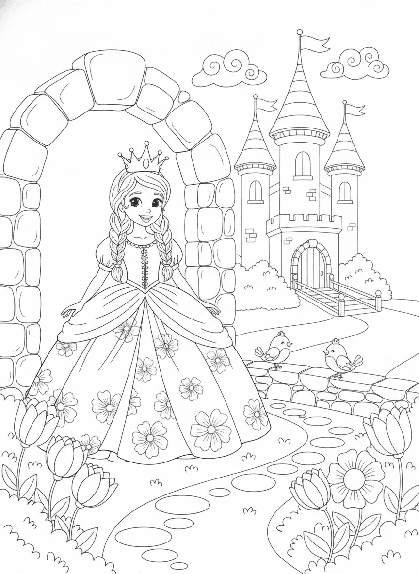 Princess at Fairy Tale Castle Coloring Page — free printable coloring page