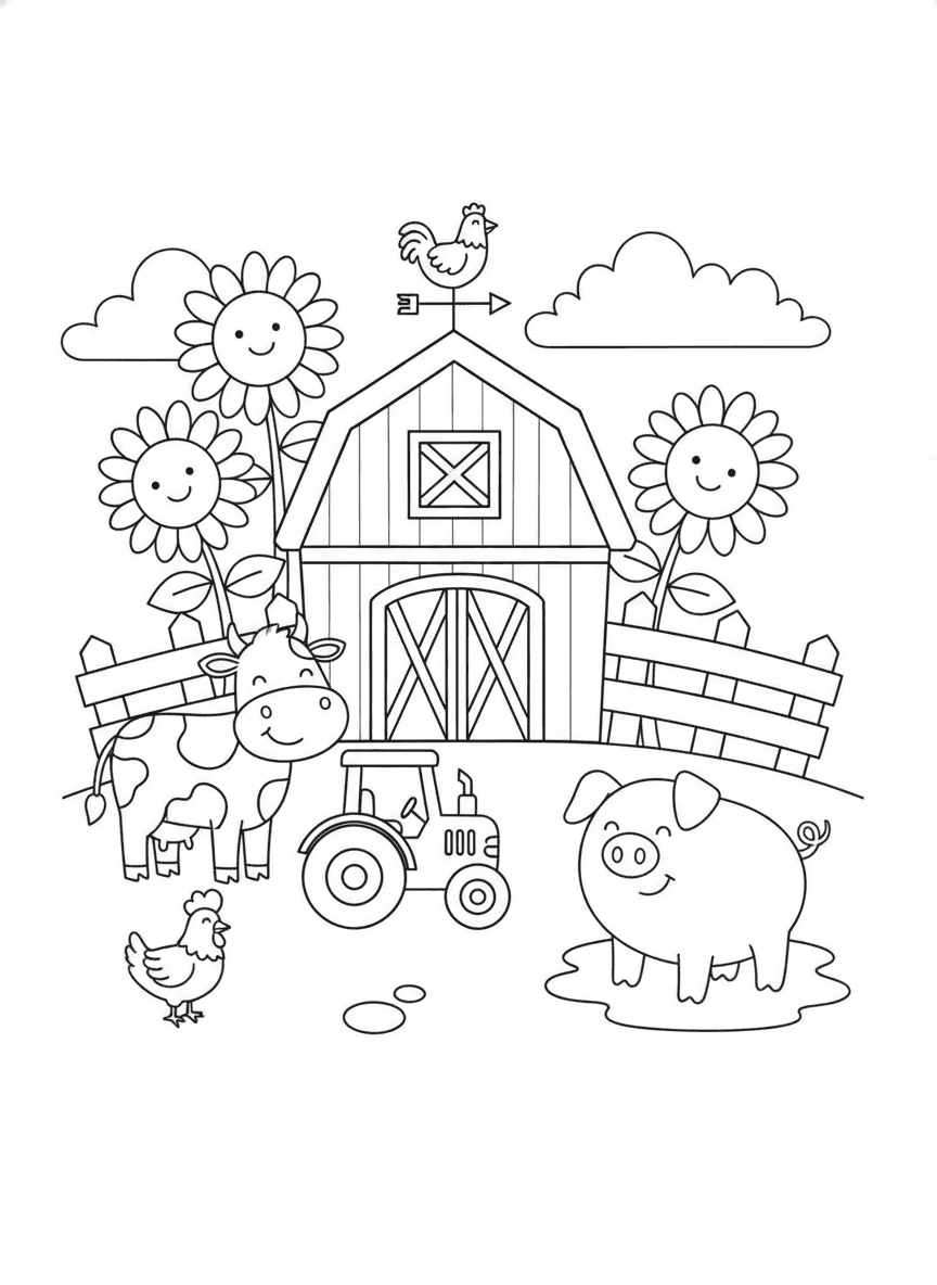Happy Farm Scene Coloring Page — free printable coloring page