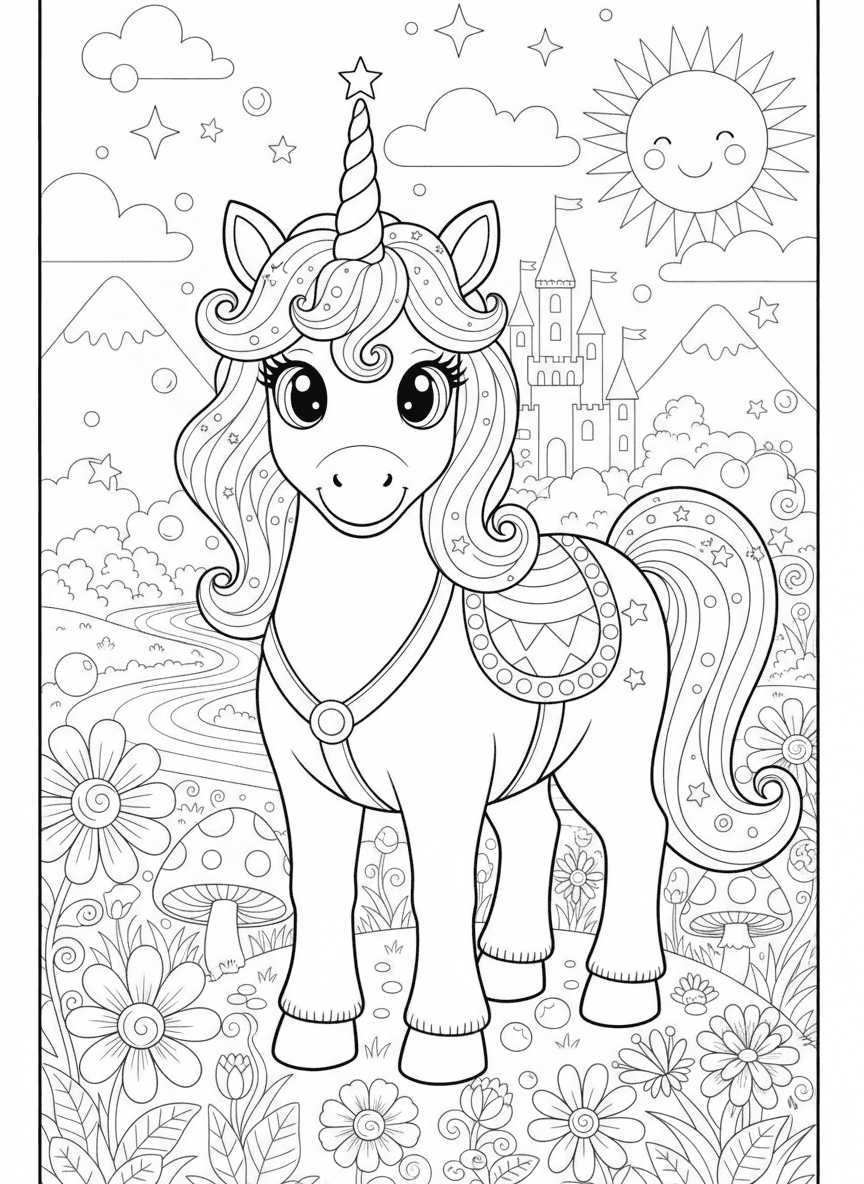 Friendly Unicorn Coloring Page — free printable coloring page