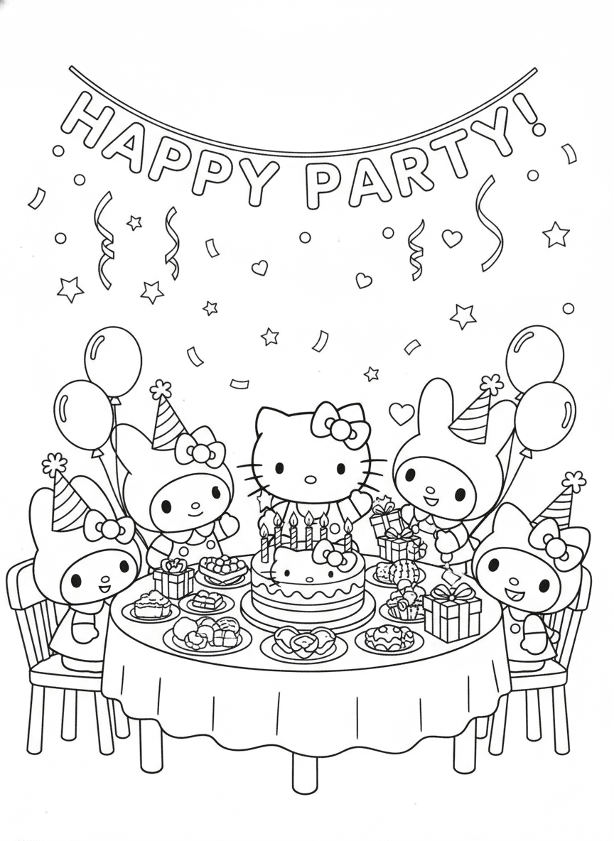 Hello Kitty Party Coloring Page — free printable coloring page