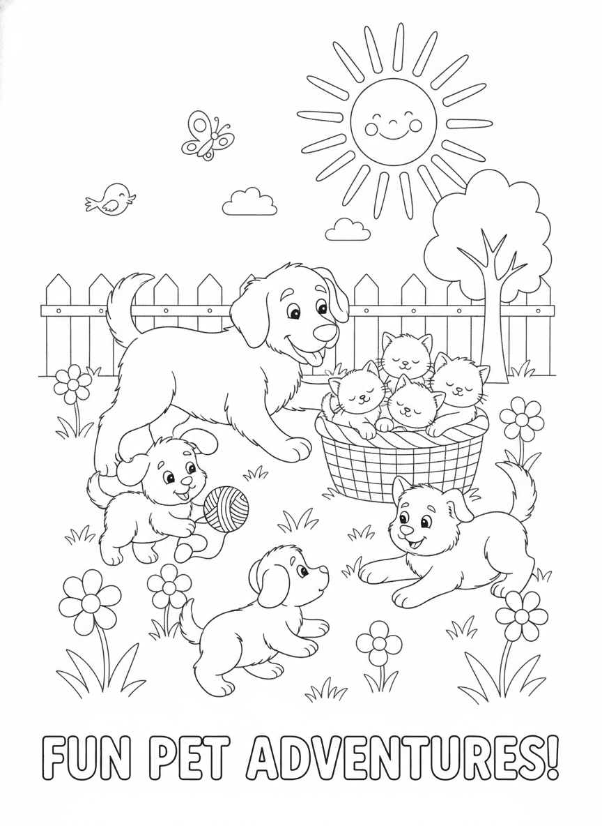 Playful Cats and Dogs Coloring Page — free printable coloring page