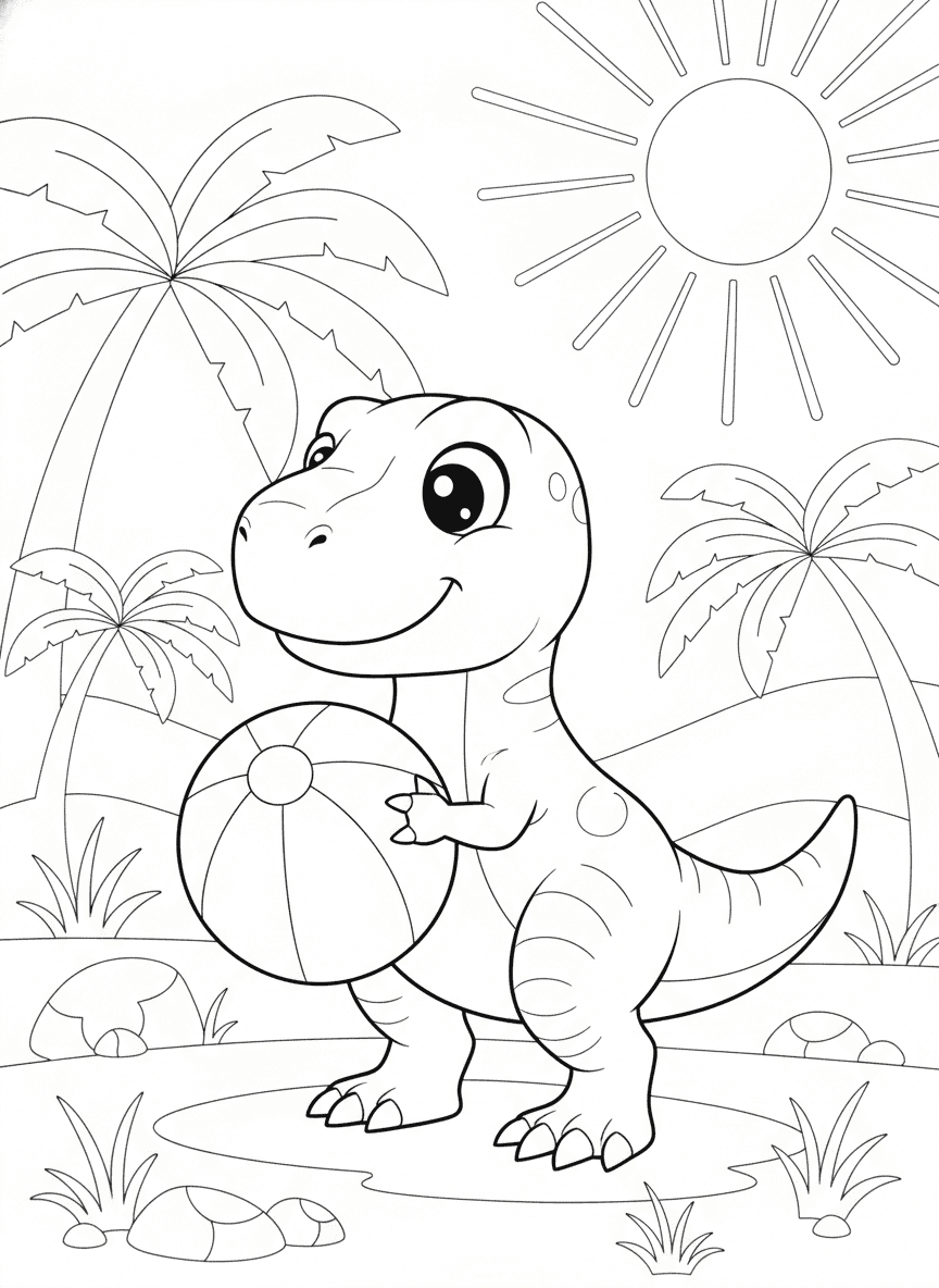 Baby T-Rex Playing With Beach Ball Coloring Page — free printable coloring page