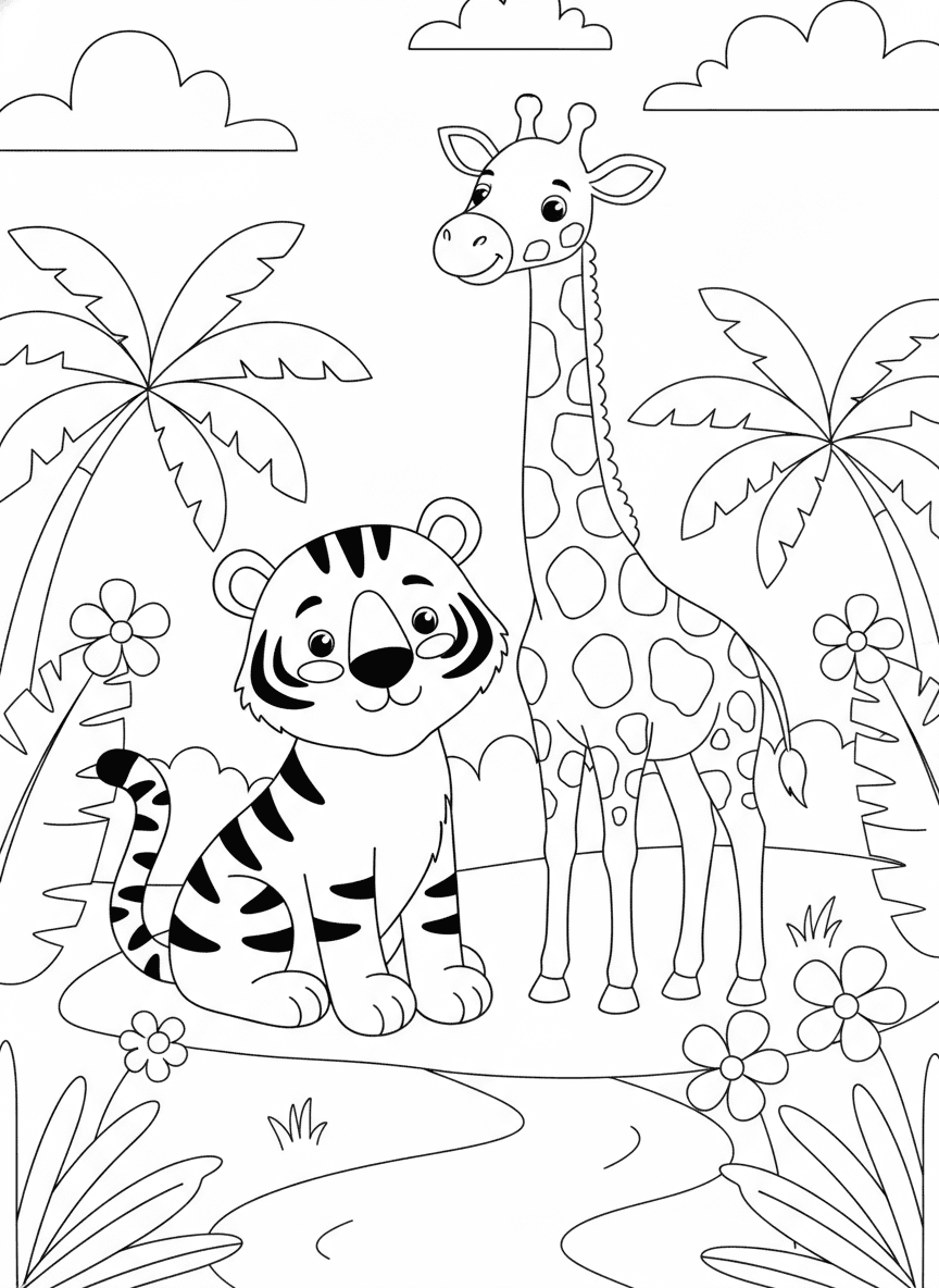 Tiger And Giraffe Coloring Page — free printable coloring page