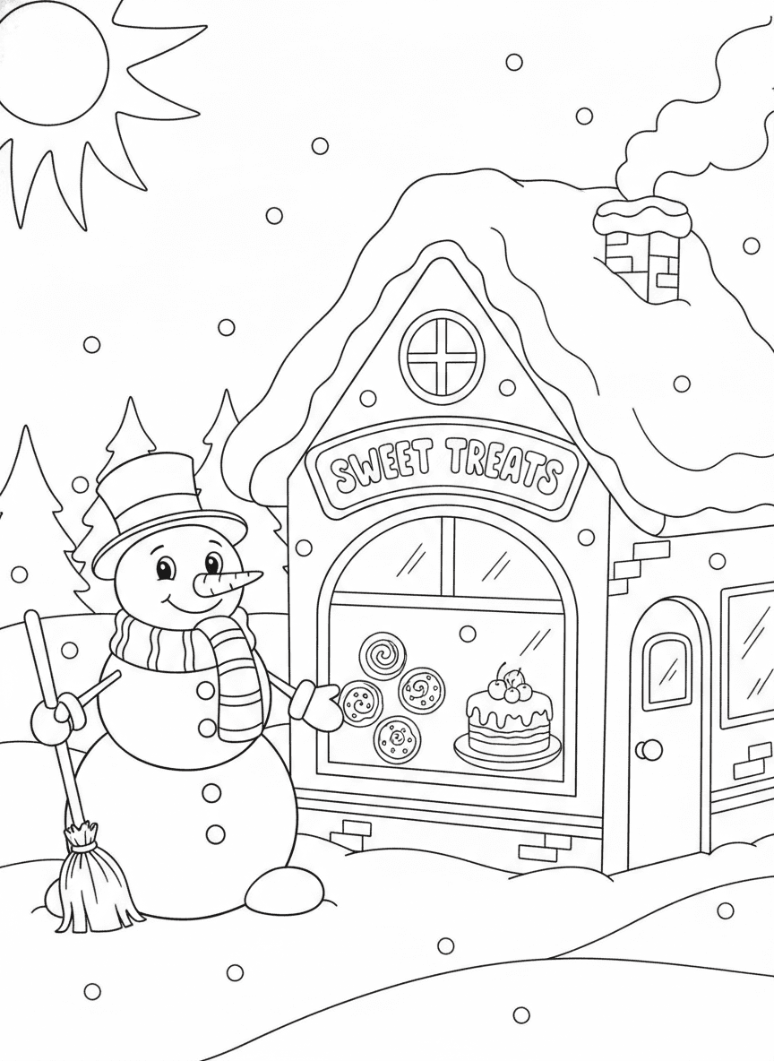 Snowman Next to a Bakery Coloring Page — free printable coloring page