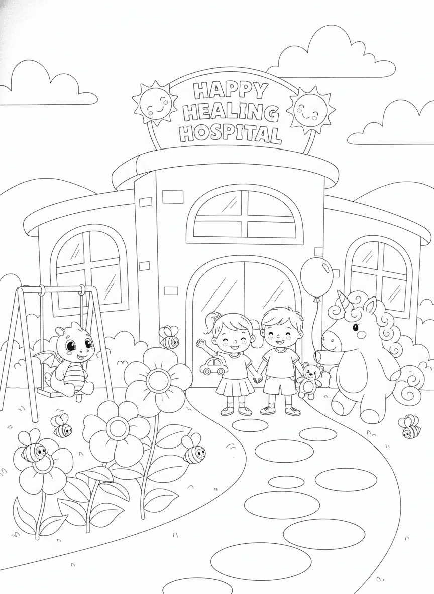Welcoming Hospital Exterior Coloring Page — free printable coloring page