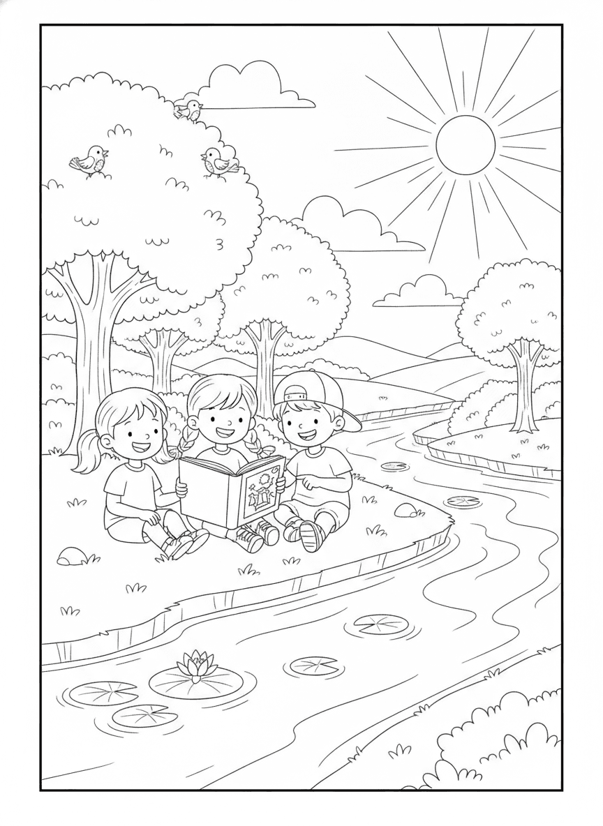 Friends Reading by the River Coloring Page — free printable coloring page