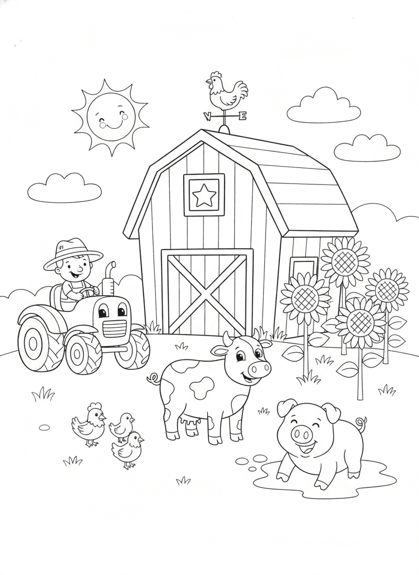 Happy Farm Scene Coloring Page — free printable coloring page